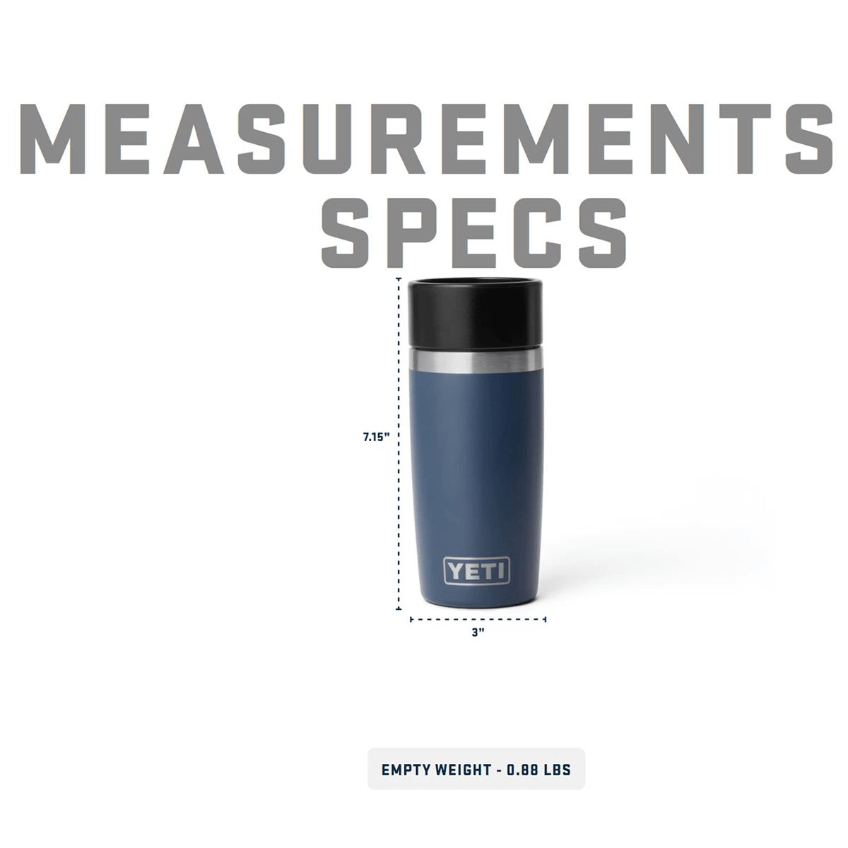 YETI mug with measurements and specifications on a white background