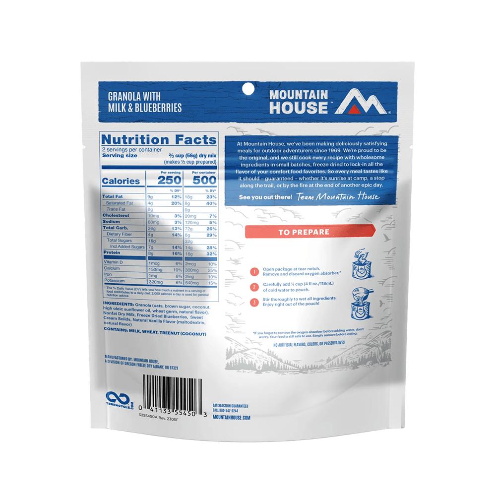 MOUNTAIN HOUSE GRANOLA WITH MILK & BLUEBERRIES showing nutrition facts and ingredients.