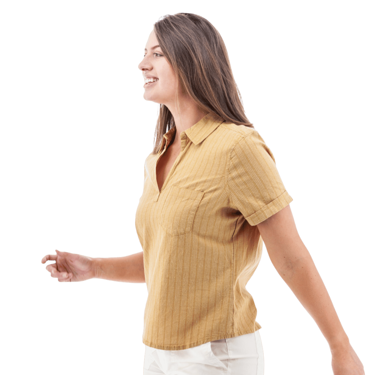 AVENTURA BREEZY POPOVER CAMP SHIRT WOMENS - AMBER GOLD_SIDE ANGLE