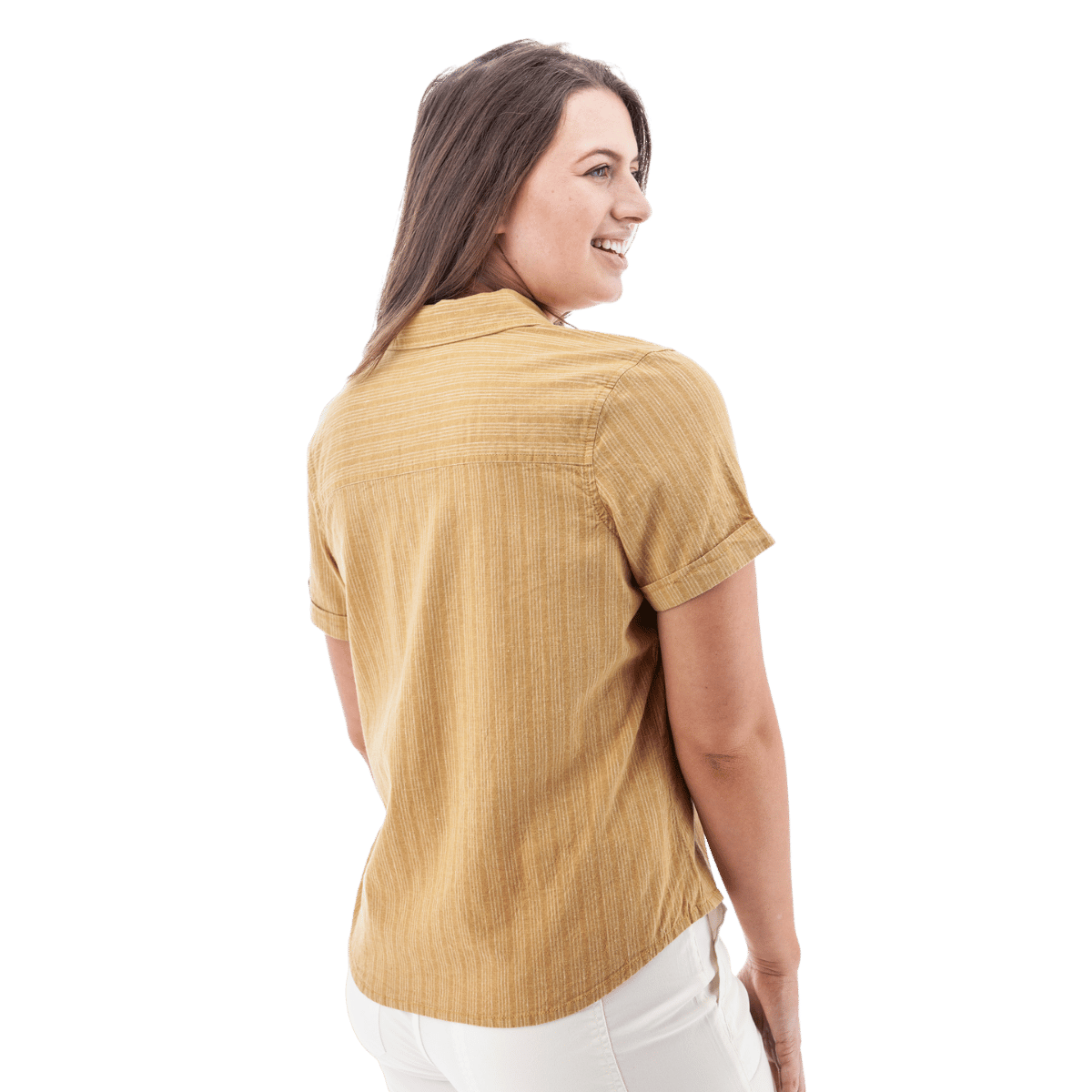 AVENTURA BREEZY POPOVER CAMP SHIRT WOMENS - AMBER GOLD_BACK ANGLE
