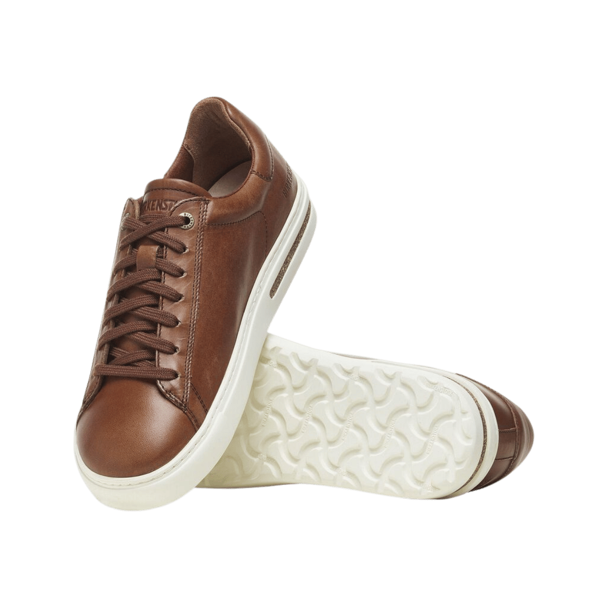 BIRKENSTOCK MEN'S BEND NATURAL LEATHER SNEAKER - COGNAC - FRONT ANGLED VIEW WITH SOLE DETAIL