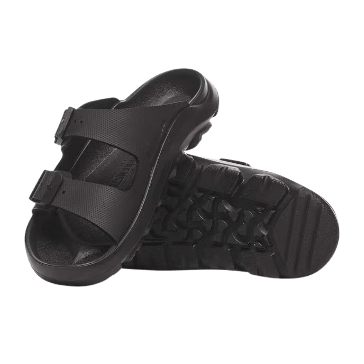 BIRKENSTOCK MOGAMI TERRA SLIDE - APEX BLACK - FRONT ANGLED VIEW WITH SOLE DETAIL