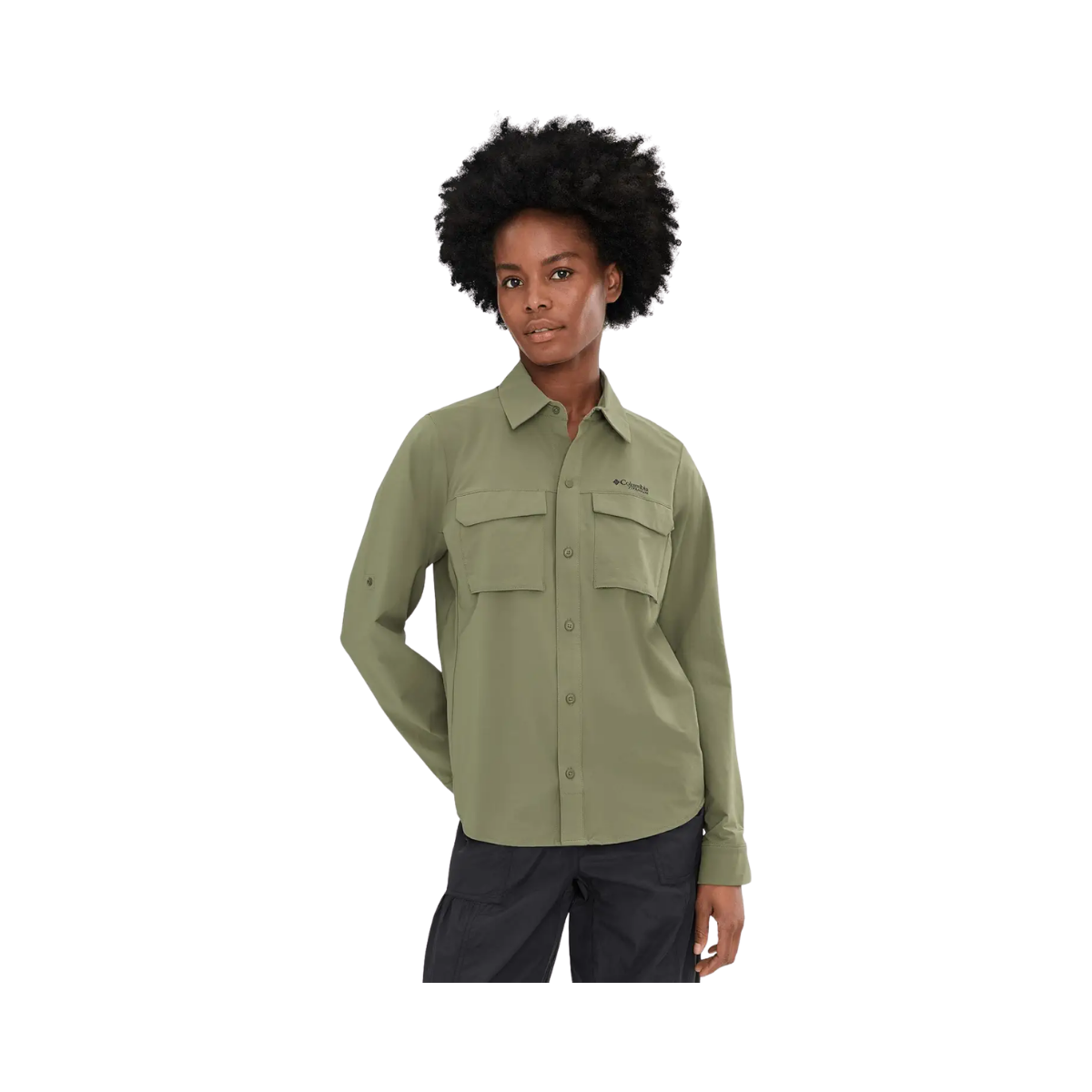 COLUMBIA WOMENS SILVER RIDGE ELITE WOVEN LS STONE GREEN