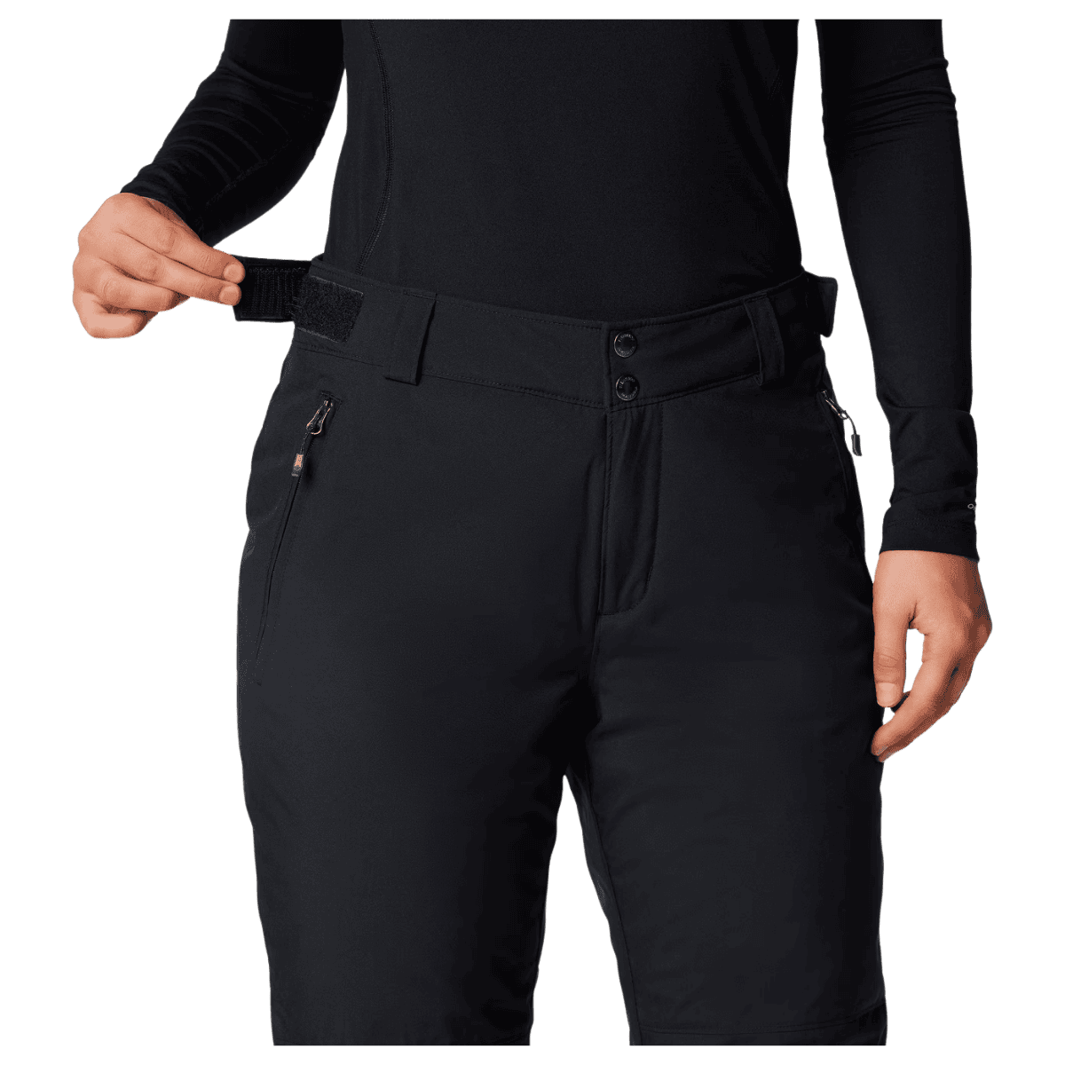 COLUMBIA WOMEN'S SHAFER CANYON INSULATED PANTS - BLACK - FRONT VIEW WAIST ADJUSTMENT