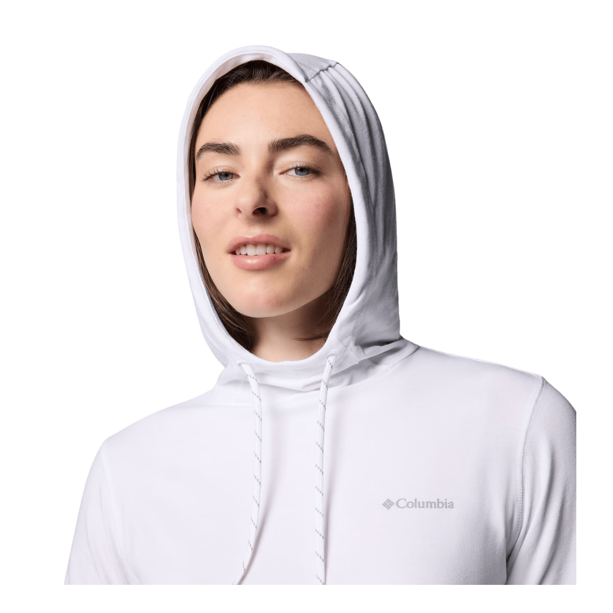 COLUMBIA WOMEN'S SUN TREK HOODIE II - WHITE - CLOSEUP HOOD FRONT VIEW