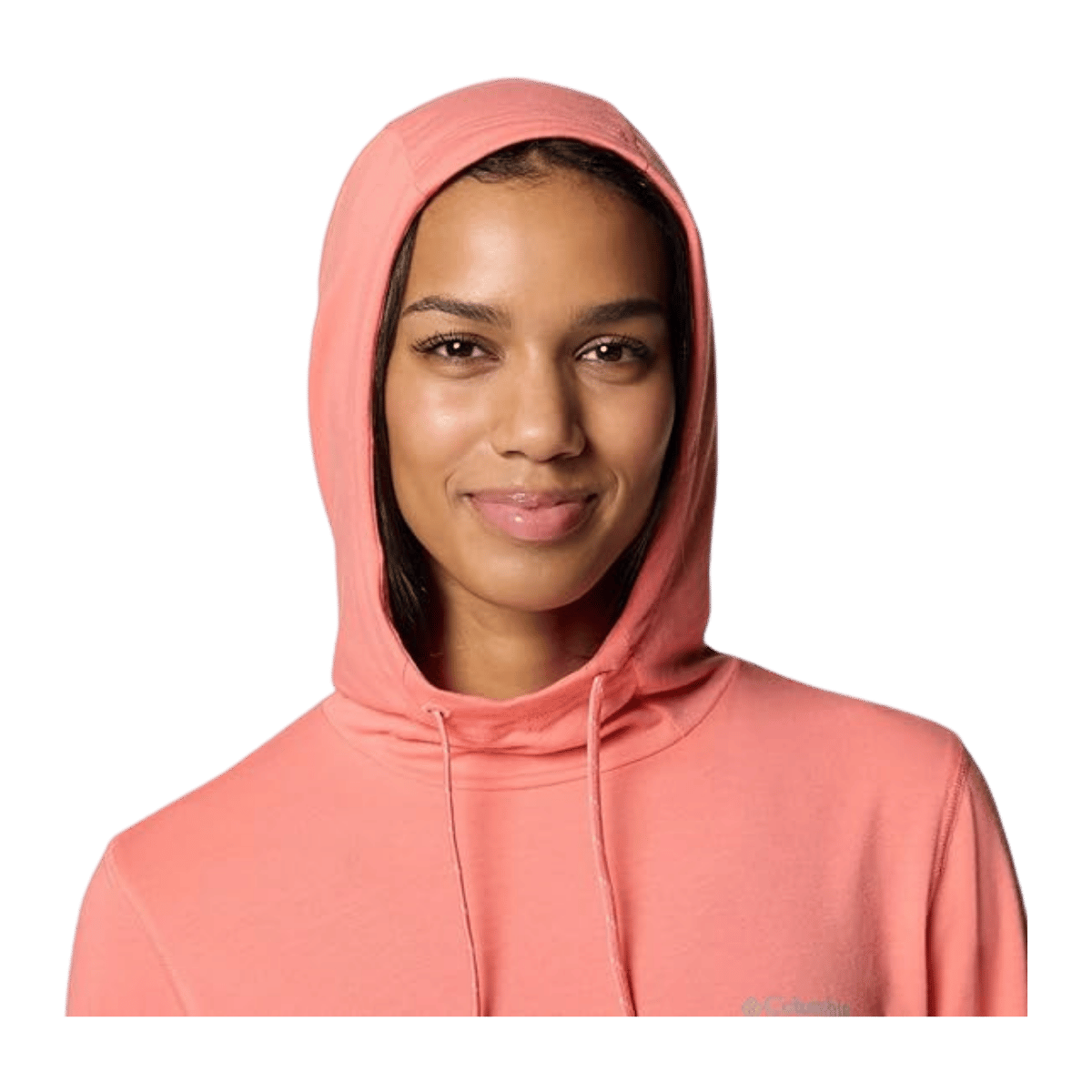 COLUMBIA WOMEN'S SUN TREK HOODIE II - ALPENGLOW - CLOSE UP HOOD FROTN VIEW