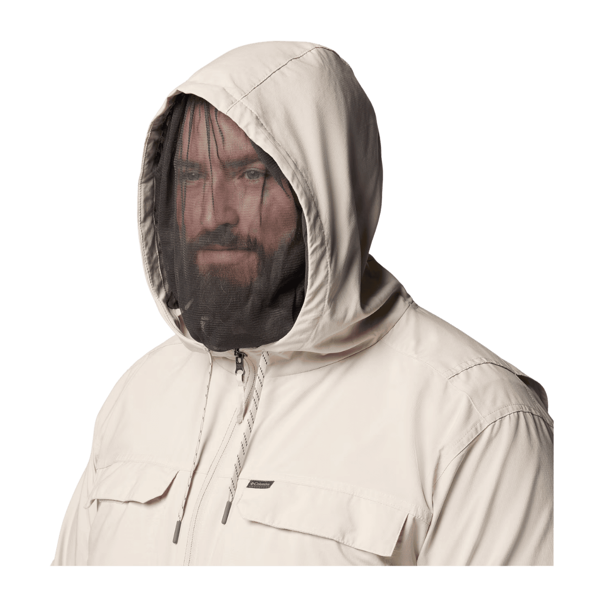 COLUMBIA MEN'S SKIEN VALLEY HOODED LONG SLEEVE SHIRT - DARK STONE - CLOSE-UP HOOD FRONT VIEW