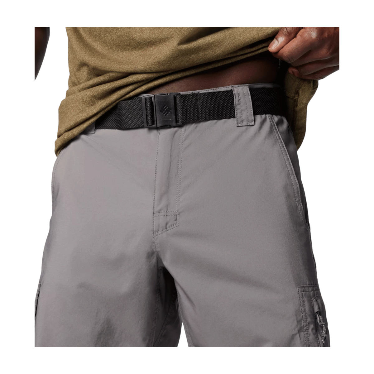 COLUMBIA SILVER RIDGE UTILITY 10" CARGO SHORTS - CITY GREY - FEATURE VIEW ADJUSTABLE BELT DETAIL