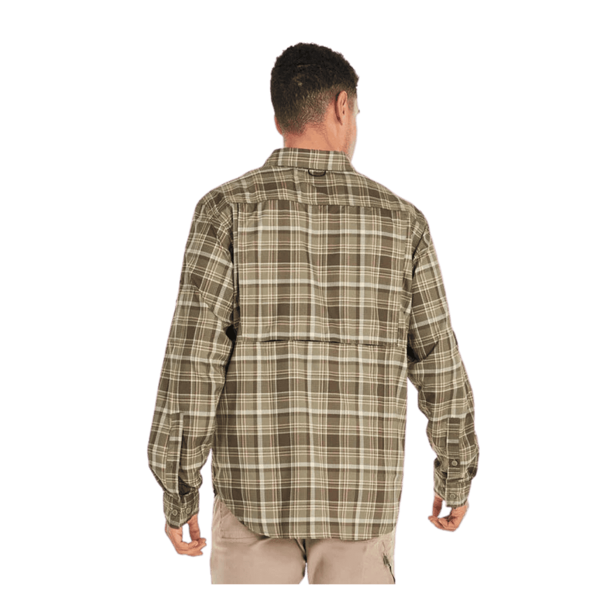 COLUMBIA MEN'S SILVER RIDGE UTILITY LITE PLAID LONG SLEEVE SHIRT - STONE GREEN - BACK VIEW
