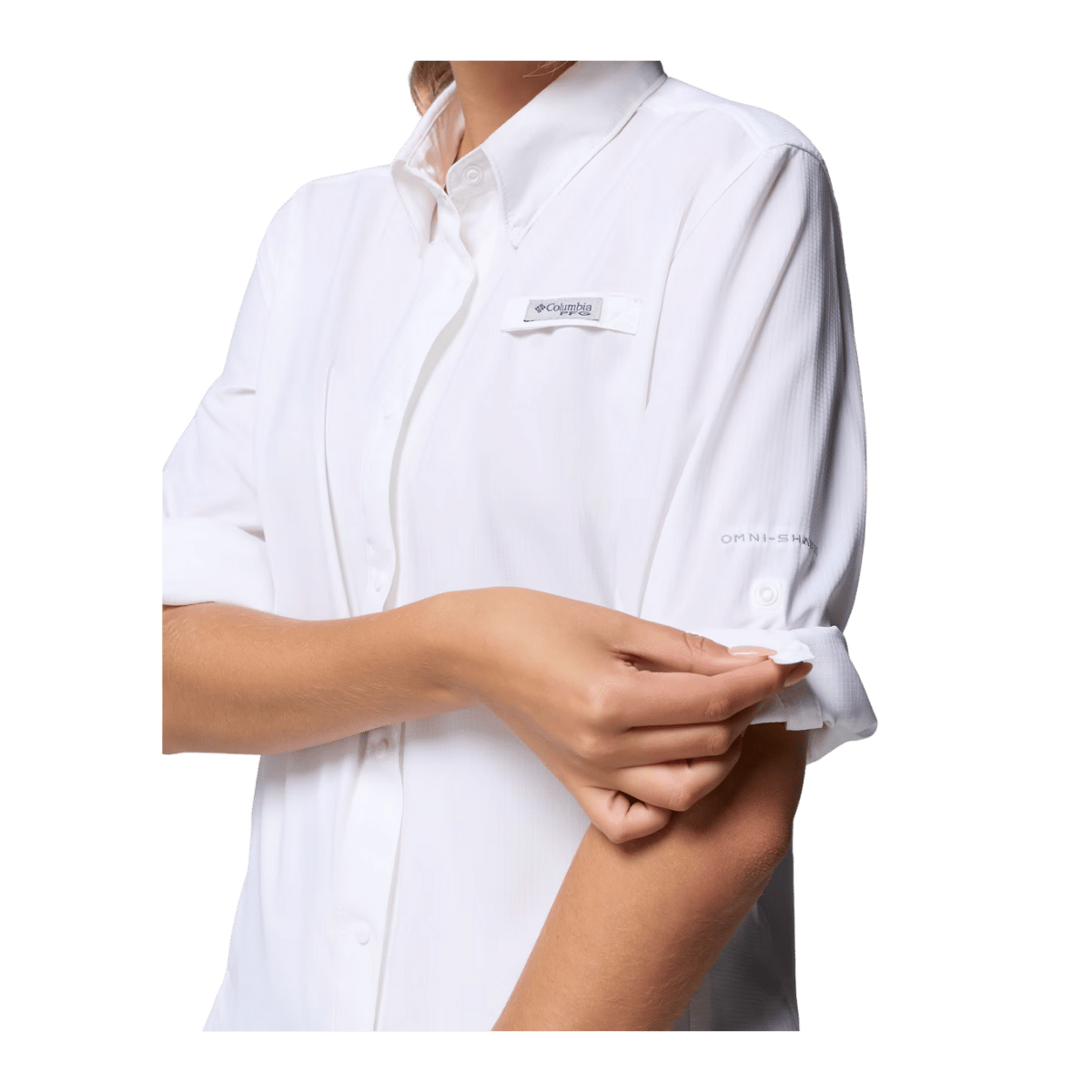 COLUMBIA WOMEN'S TAMIAMI II LONG SLEEVE SHIRT - WHITE - CLOSE-UP VIEW