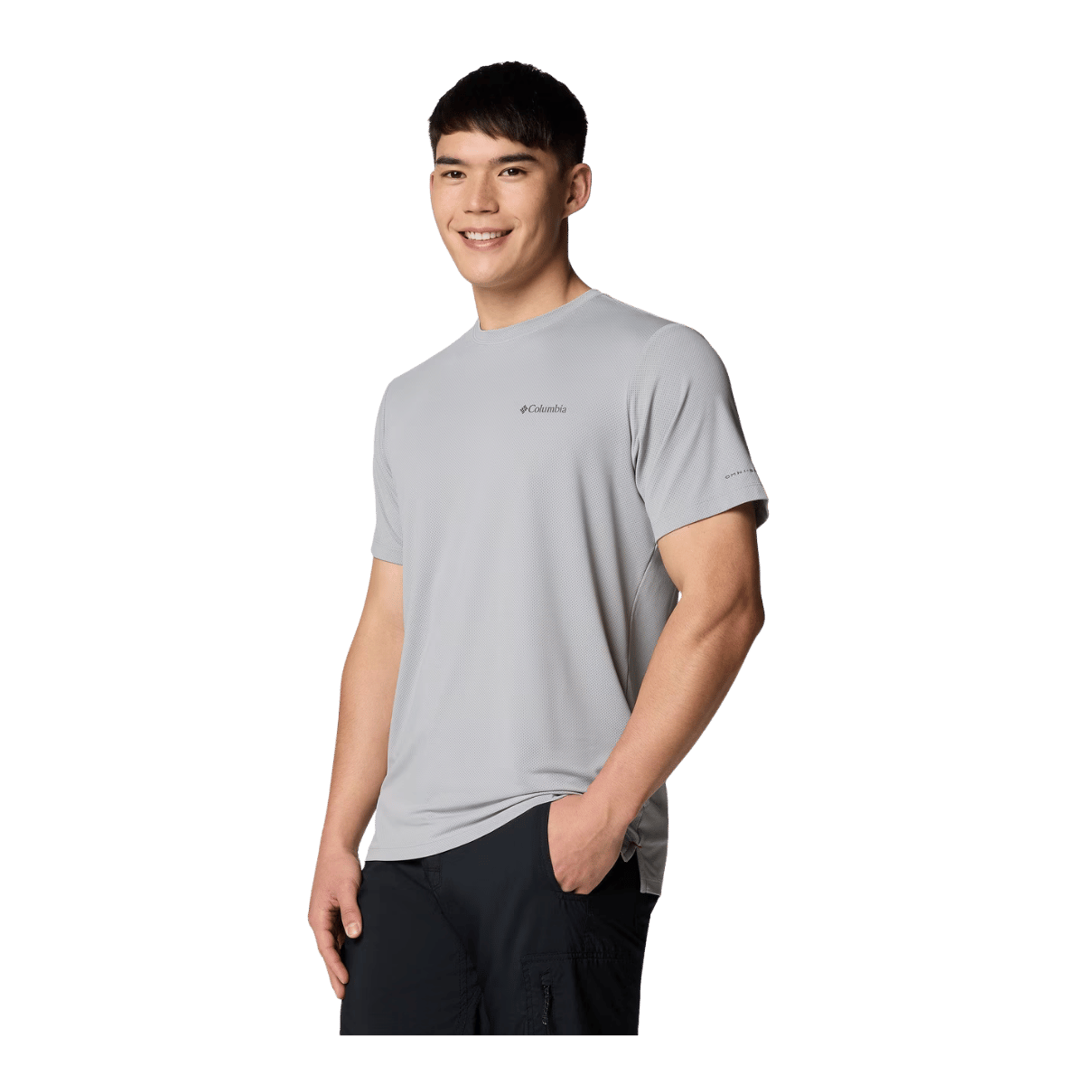 COLUMBIA MEN'S TECH TRAIL UTILITY SHORT SLEEVE CREW SHIRT - COLUMBIA GREY - SIDE VIEW