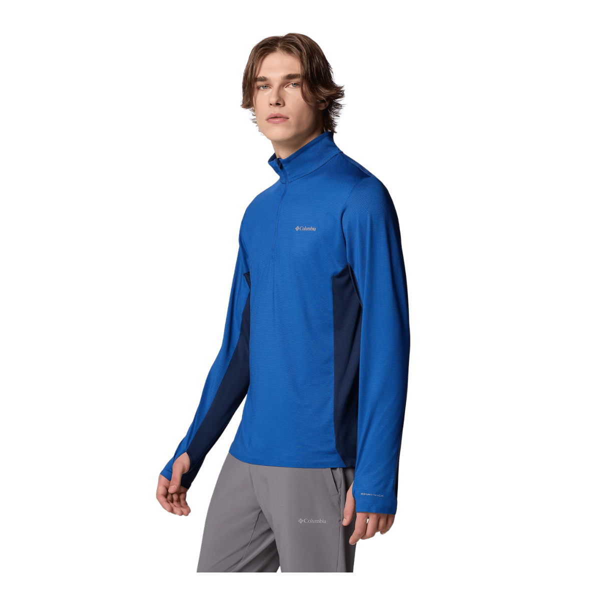 COLUMBIA MEN'S THREE PITCH HALF ZIP SHIRT - MTN BLUE/COLL NAVY - SIDE VIEW