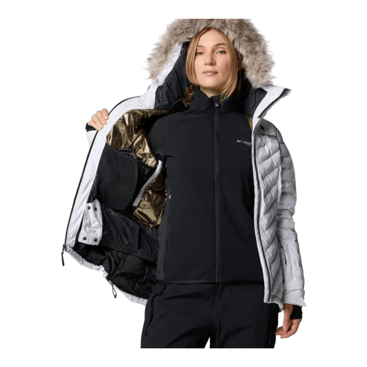 COLUMBIA WOMEN'S BIRD MOUNTAIN III INSULATED JACKET - WHITE - FEATURE VIEW