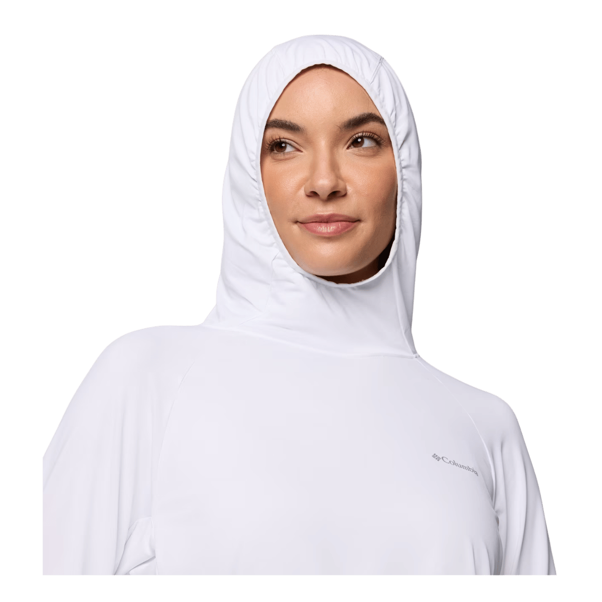 COLUMBIA WOMEN'S SKIEN VALLEY HOODIE - WHITE - CLOSE-UP HOOD VIEW