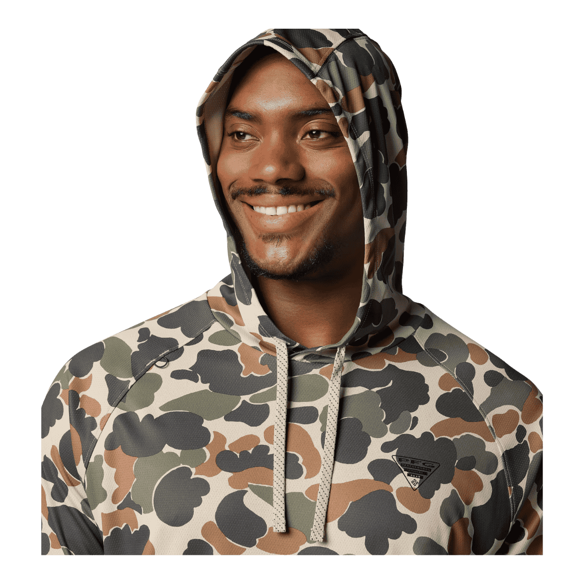 COLUMBIA MEN'S WILD CAST CAMP HOODIE -FOSSIL DELTAHUNTER - CLOSE-UP HOOD FRONT VIEW