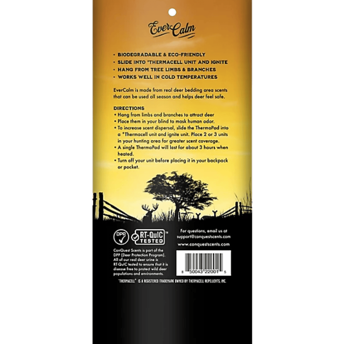 CONQUEST SCENT STICKS EVERCALM THERMA PADS 5 PACK - YELLOW - PACKAGING BACK VIEW