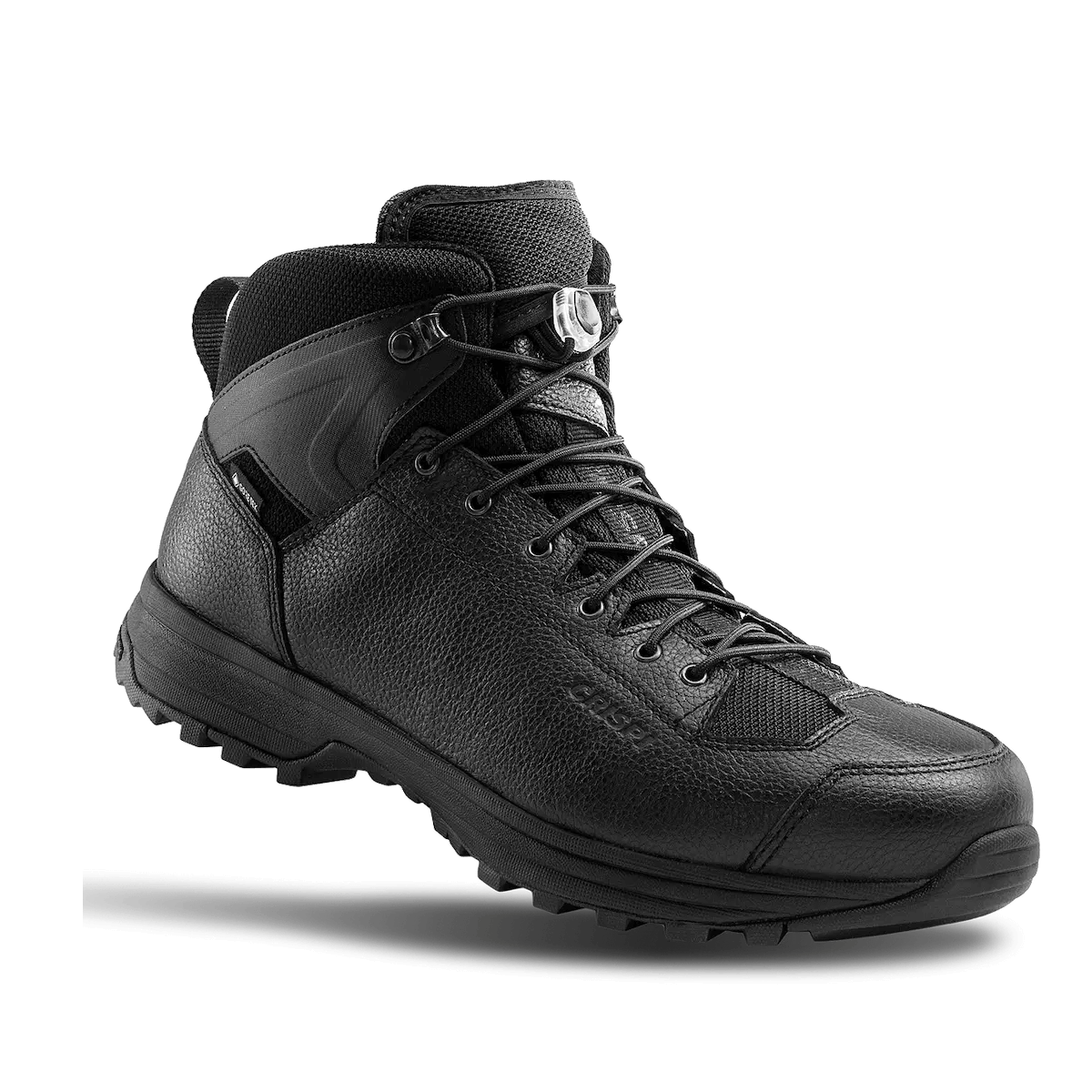 Black Crispi AT4 hiking boot with rugged outsole, leather upper, reinforced toe, and secure lace system. Designed for durability and all-terrain performance.