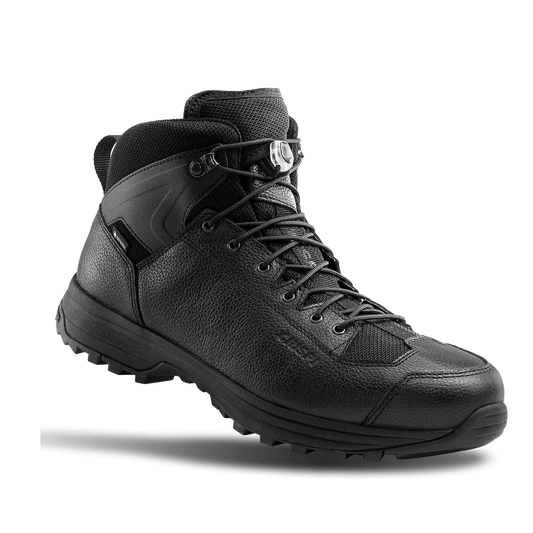 Black Crispi AT4 hiking boot with rugged outsole, leather upper, reinforced toe, and secure lace system. Designed for durability and all-terrain performance.