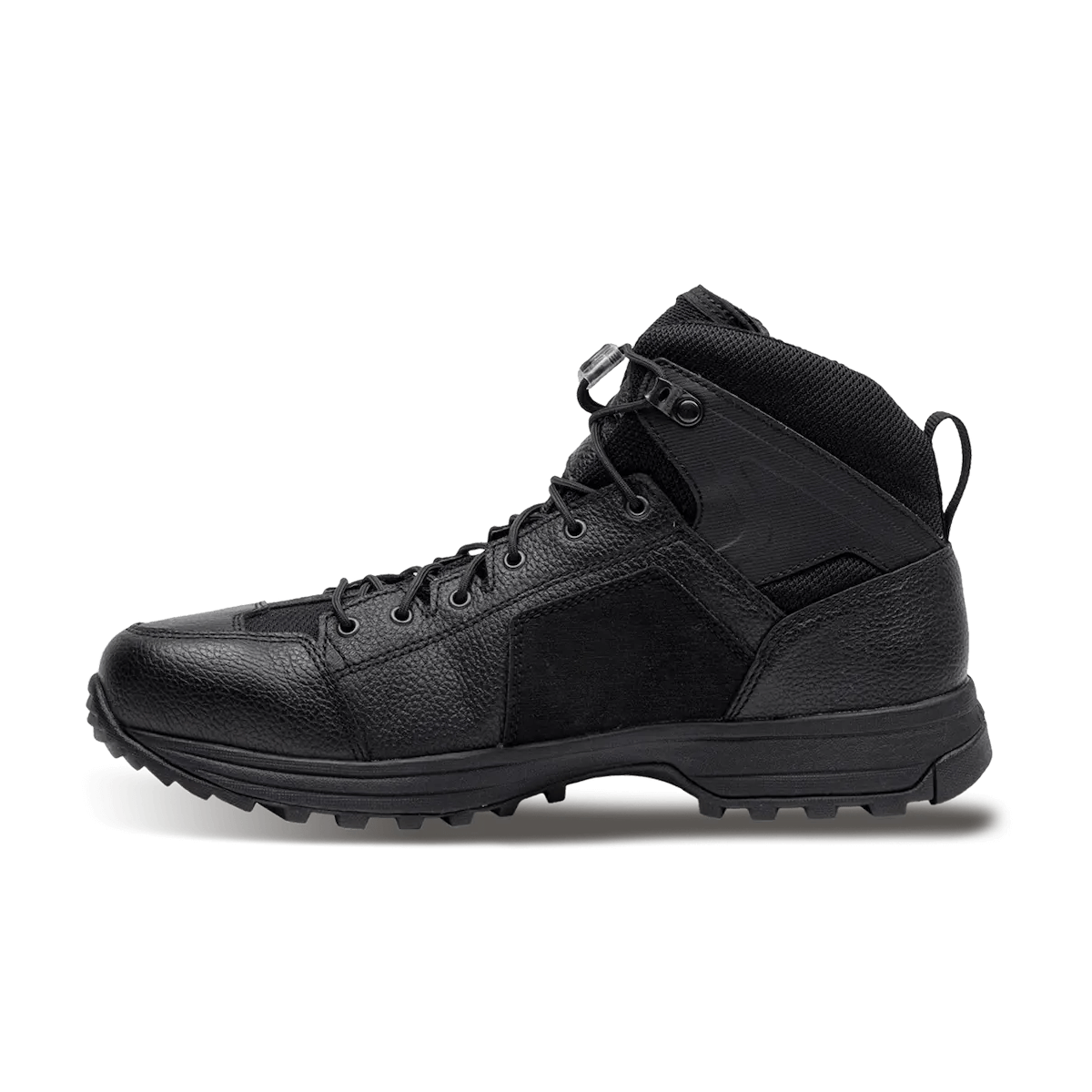 Black Crispi AT4 hiking boot with rugged outsole, leather upper, reinforced toe, and secure lace system. Designed for durability and all-terrain performance.
