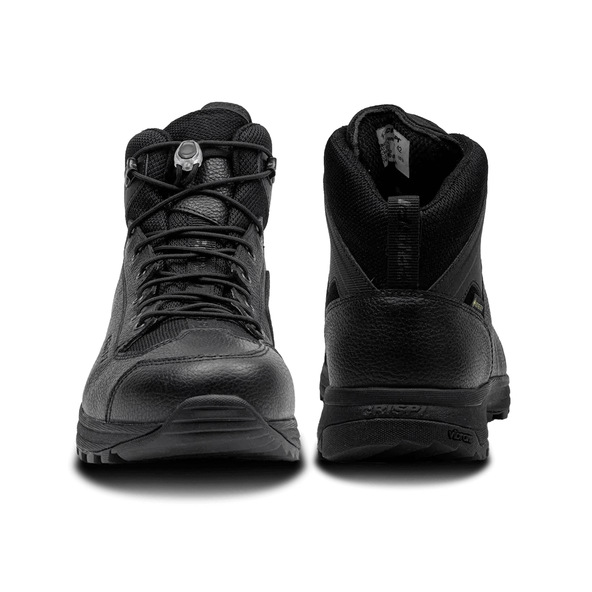 Black Crispi AT4 hiking boot with rugged outsole, leather upper, reinforced toe, and secure lace system. Designed for durability and all-terrain performance.