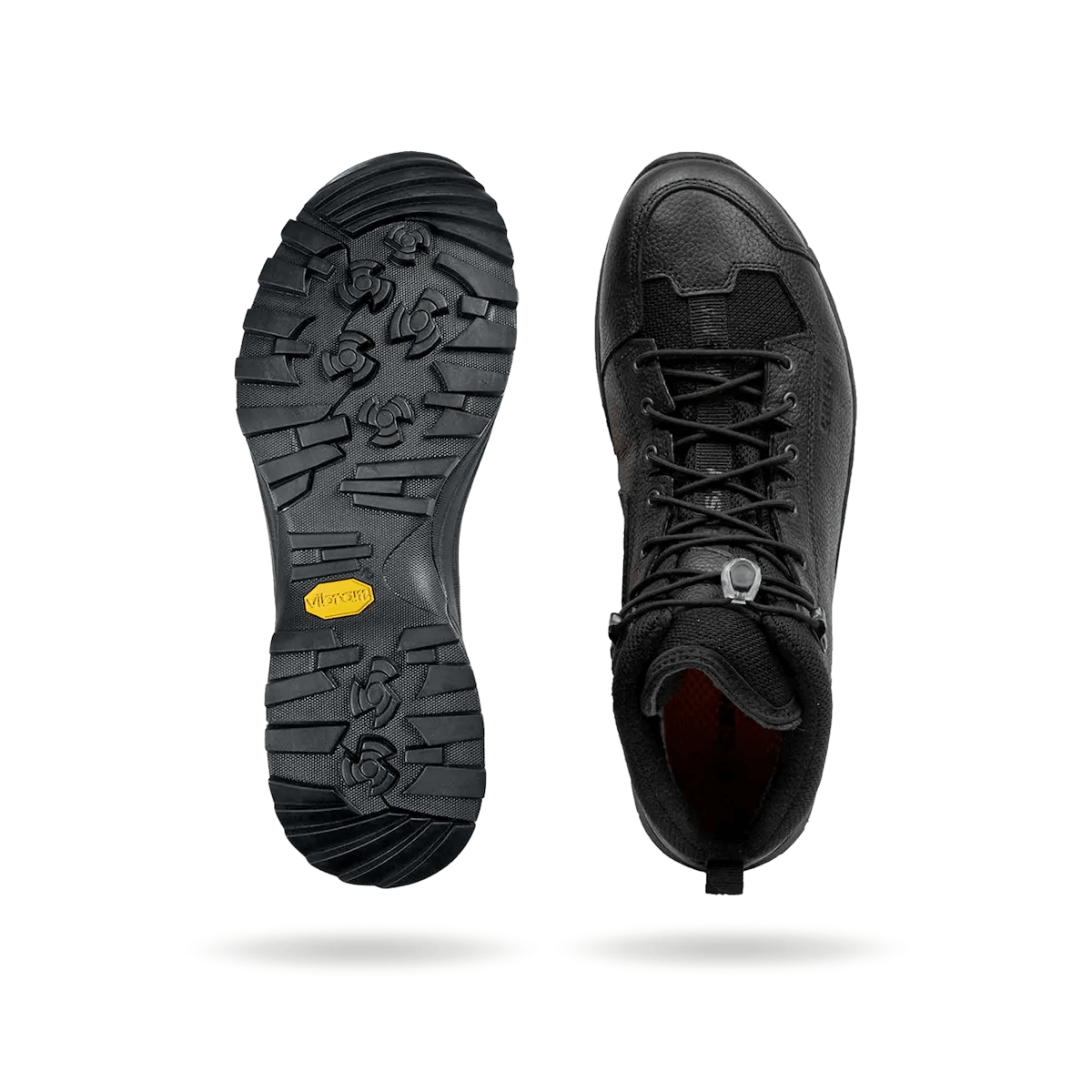 Black Crispi AT4 hiking boot with rugged outsole, leather upper, reinforced toe, and secure lace system. Designed for durability and all-terrain performance.