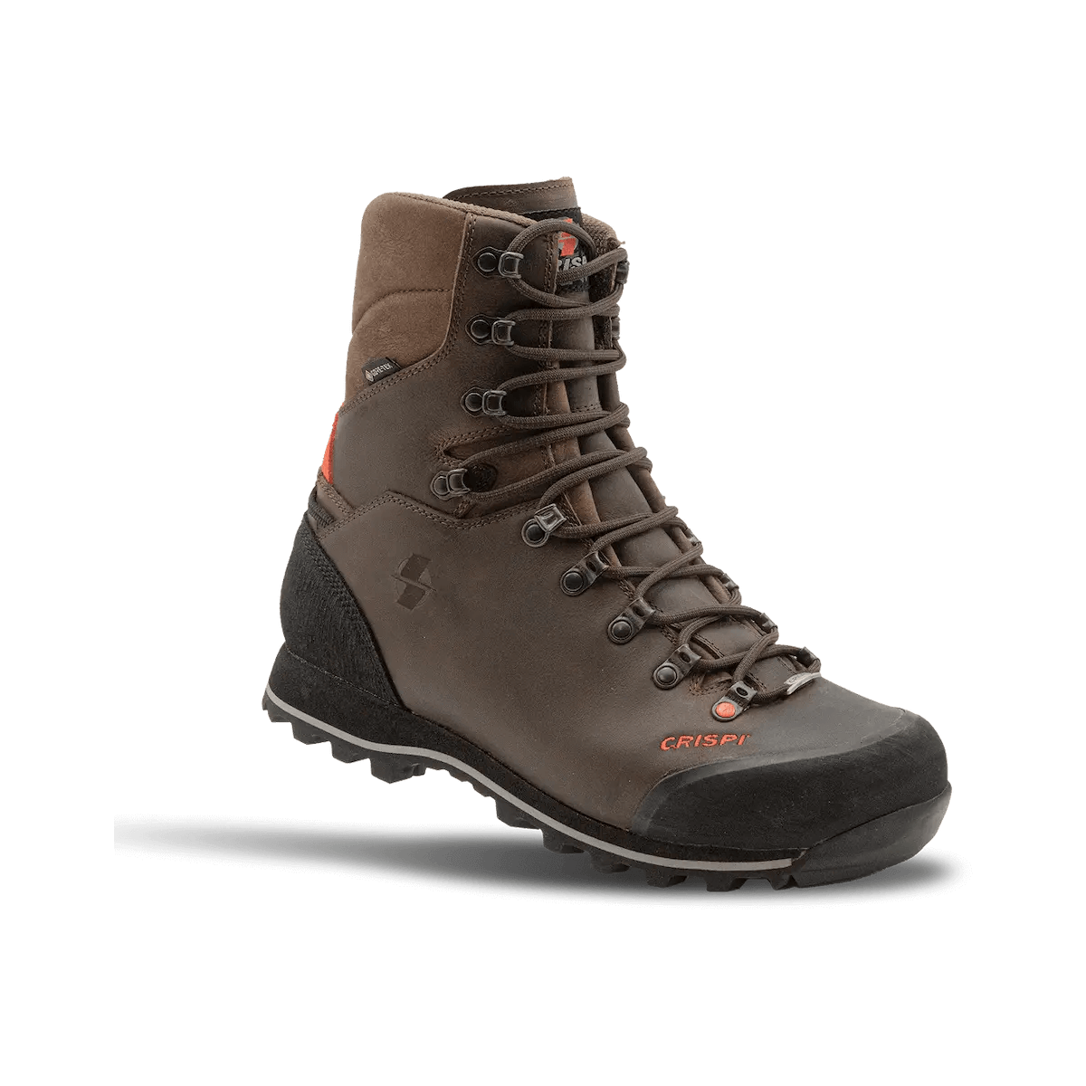 Brown Crispi Upland Pro boot with durable leather upper, reinforced rubber toe cap, and rugged outsole. Features high ankle support and secure lacing system for stability and protection in upland terrain.