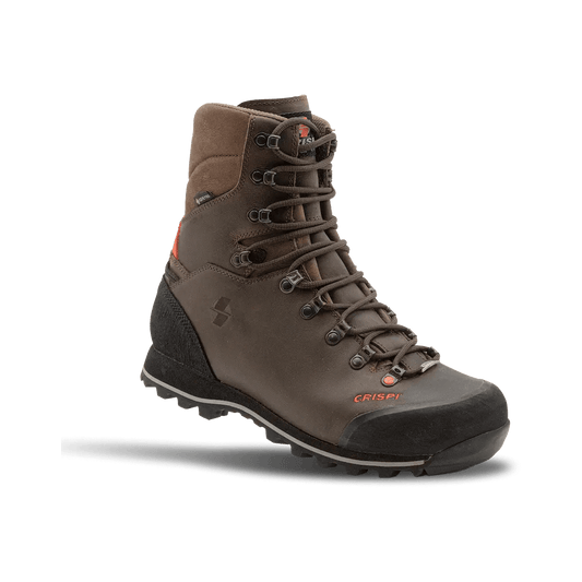 Brown Crispi Upland Pro boot with durable leather upper, reinforced rubber toe cap, and rugged outsole. Features high ankle support and secure lacing system for stability and protection in upland terrain.