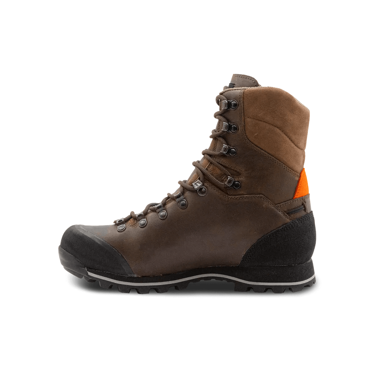 Brown Crispi Upland Pro boot with durable leather upper, reinforced rubber toe cap, and rugged outsole. Features high ankle support and secure lacing system for stability and protection in upland terrain.