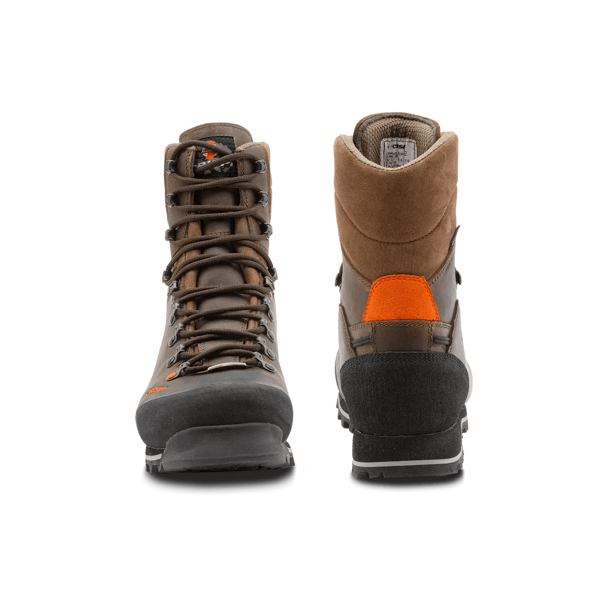 Brown Crispi Upland Pro boot with durable leather upper, reinforced rubber toe cap, and rugged outsole. Features high ankle support and secure lacing system for stability and protection in upland terrain. front and back view