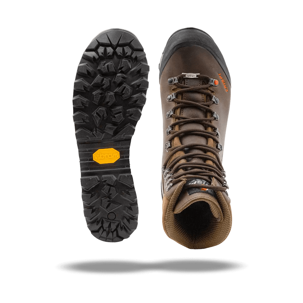 Brown Crispi Upland Pro boot with durable leather upper, reinforced rubber toe cap, and rugged outsole. Features high ankle support and secure lacing system for stability and protection in upland terrain. top and bottom view