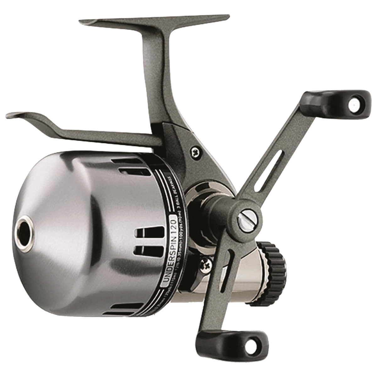 Daiwa Underspin 120 spinning reel featuring a silver closed-face design with dual handle cranks and a smooth black frame. Ideal for light tackle and versatile fishing applications.