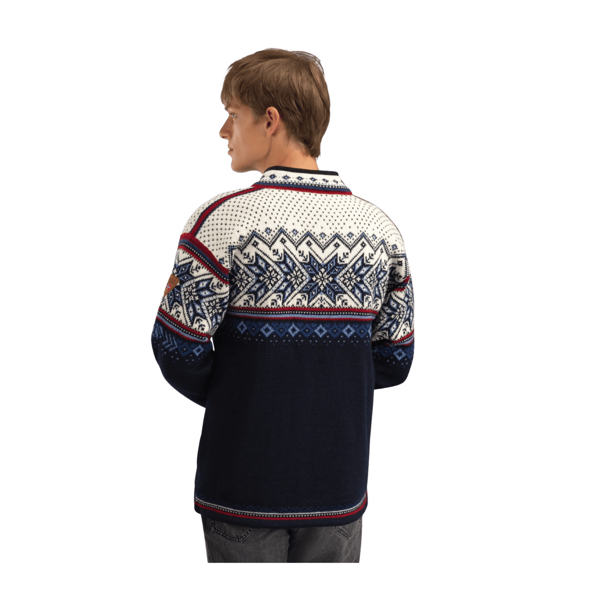 DALE OF NORWAY MEN'S VAIL SWEATER - NAVY RED OFFWHITE - BACK VIEW
