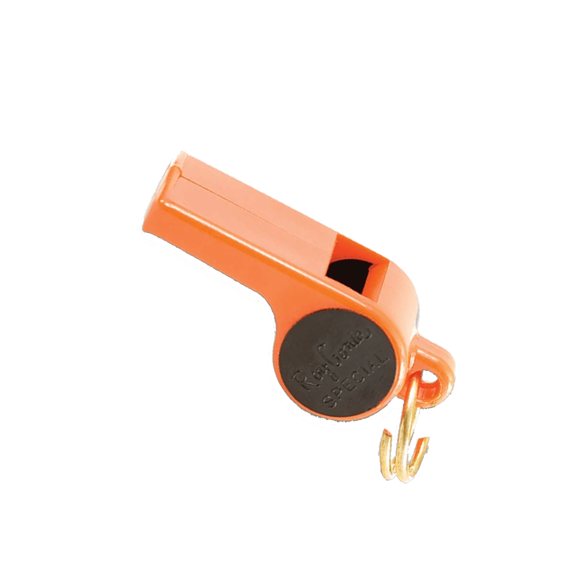 Bright orange Roy Gonia Special dog training whistle with black circular insert and attached gold metal ring for lanyard use.