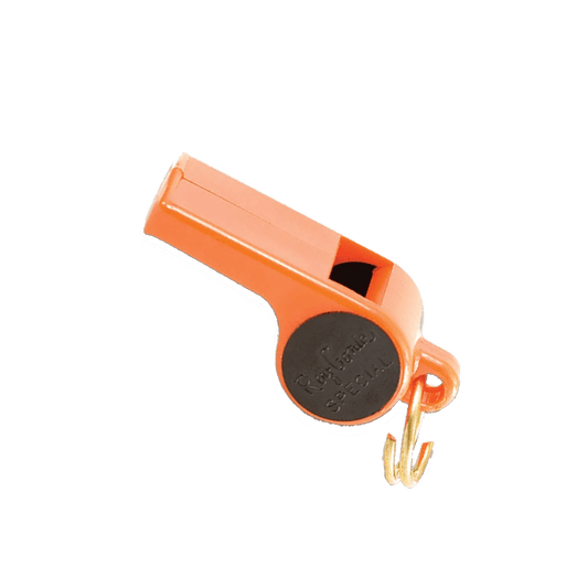 Bright orange Roy Gonia Special dog training whistle with black circular insert and attached gold metal ring for lanyard use.