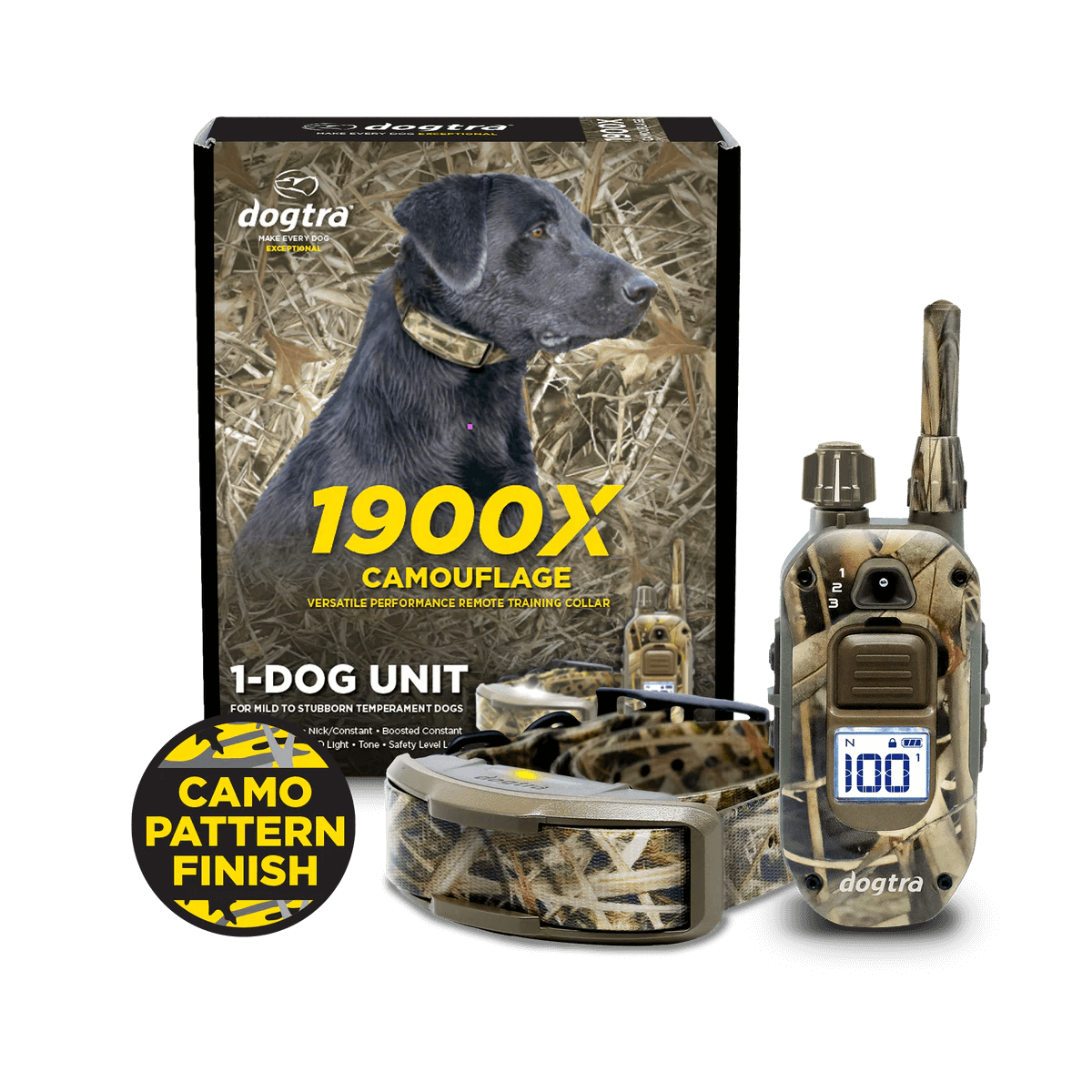 Dogtra 1900X Camouflage 1-dog training collar system, featuring camo pattern remote transmitter, matching receiver collar, and product packaging with a black Labrador retriever wearing the collar in a field setting.