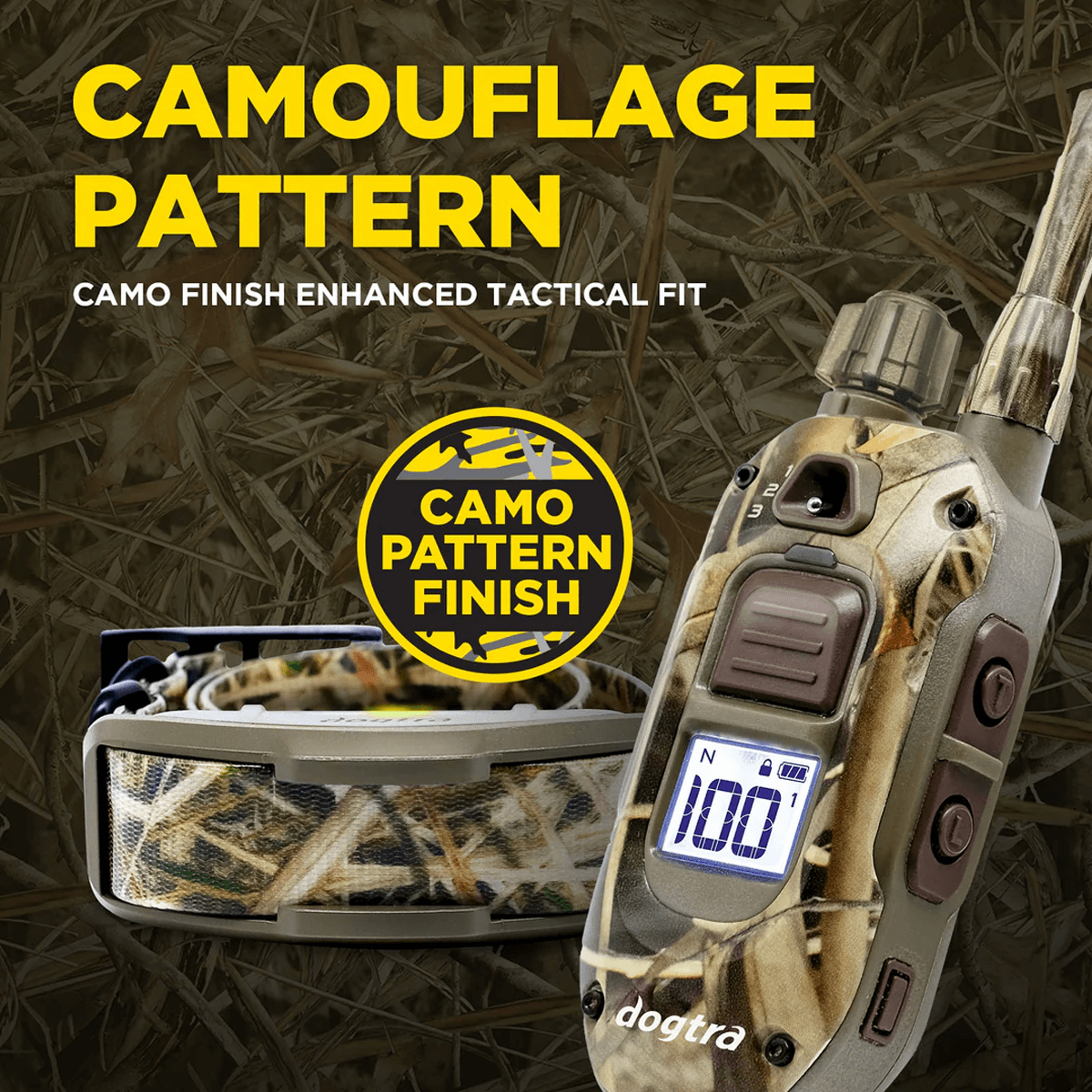 Close-up promotional image of the Dogtra 1900X Camouflage remote training collar system, highlighting the camo pattern finish on the collar and handheld remote. Text reads "CAMOUFLAGE PATTERN – CAMO FINISH ENHANCED TACTICAL FIT" with a round badge labeled "CAMO PATTERN FINISH" over a background of camouflage brush.