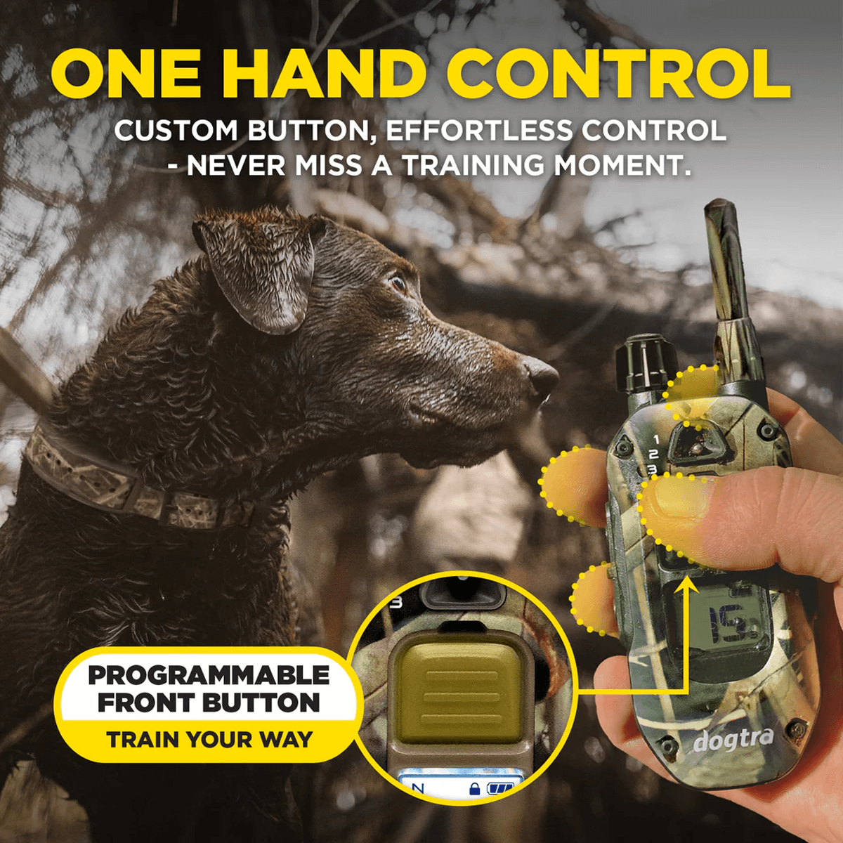 Dog training device with remote control held by a person, featuring text about one-hand control and programmable front button.