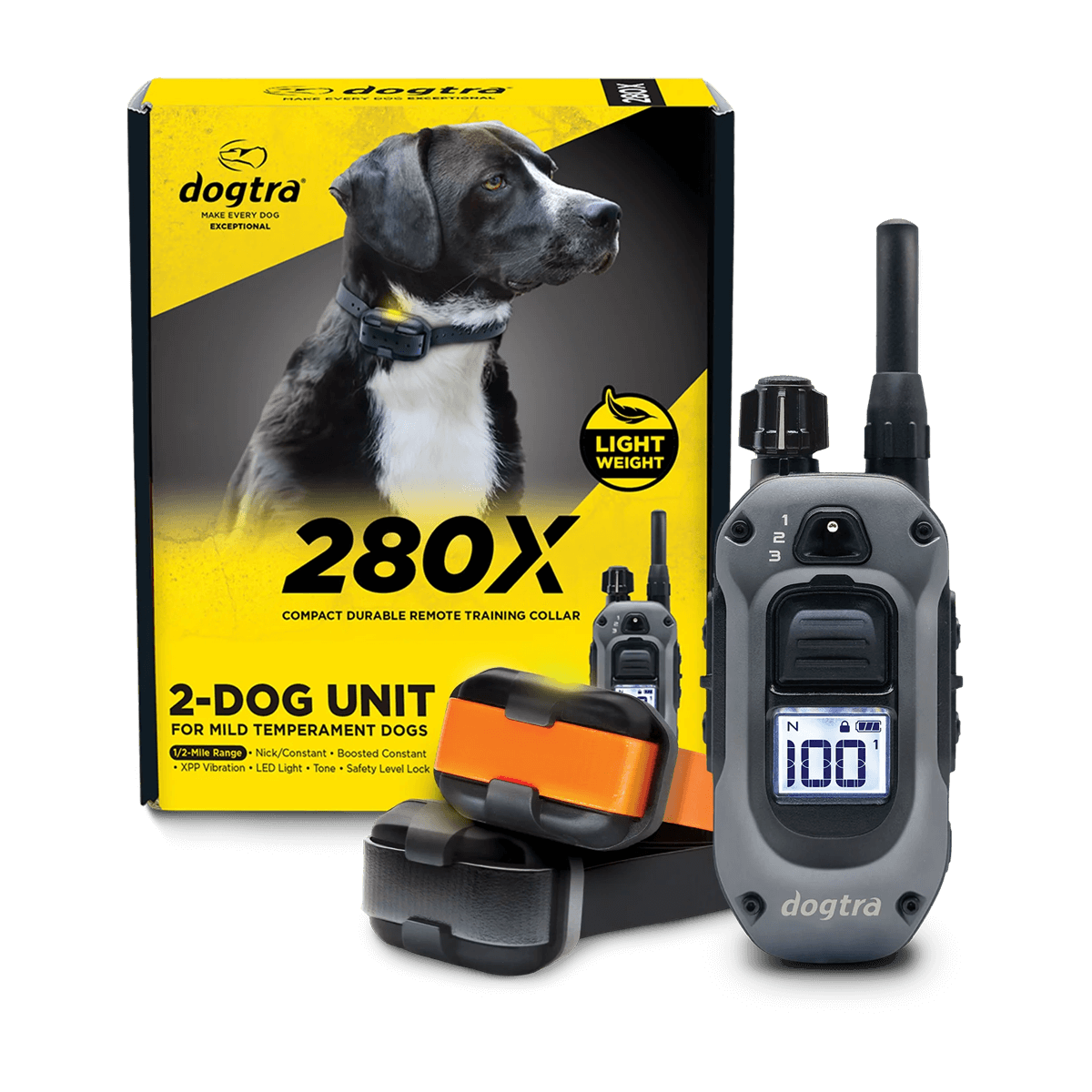 Dogtra 280X 2-Dog Unit Compact Remote Training Collar packaging and components. The image shows a yellow and black product box featuring a dog, along with the remote transmitter and two lightweight training collars—one with an orange strap and one with a black strap. The system is designed for mild temperament dogs and highlights features like 1/2-mile range, LED light, tone, vibration, and safety level lock.