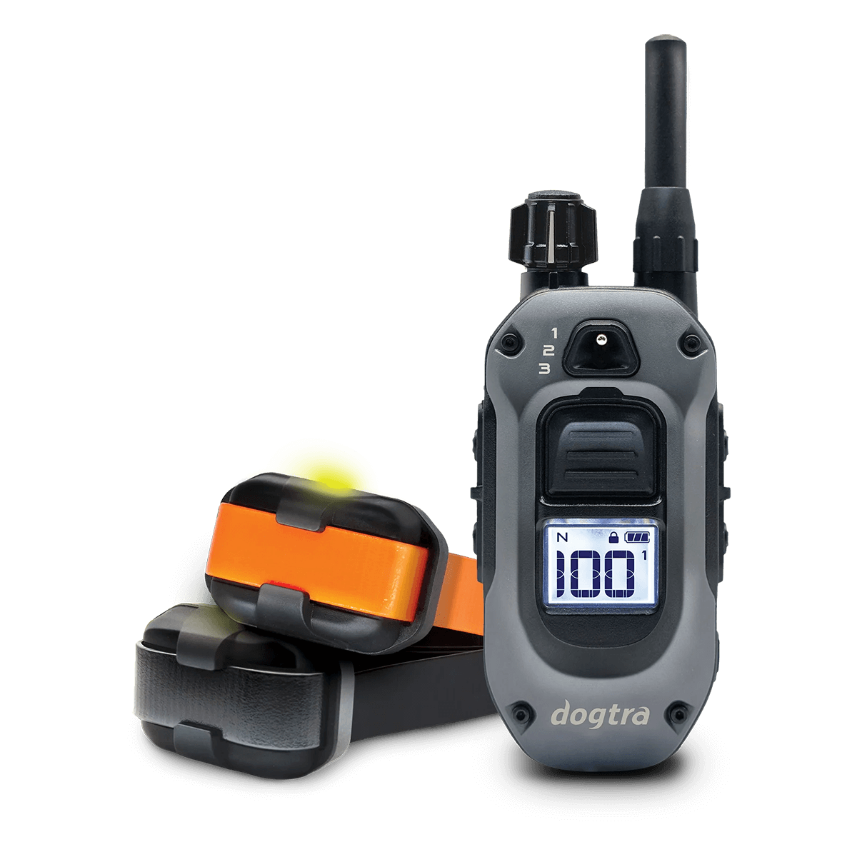 Dogtra 280X remote training system featuring a handheld remote with digital display and two compact training collars—one with a high-visibility orange strap and one with a black strap. Designed for training two dogs, the remote displays a stimulation level of 100 and includes toggle controls for switching between collars.