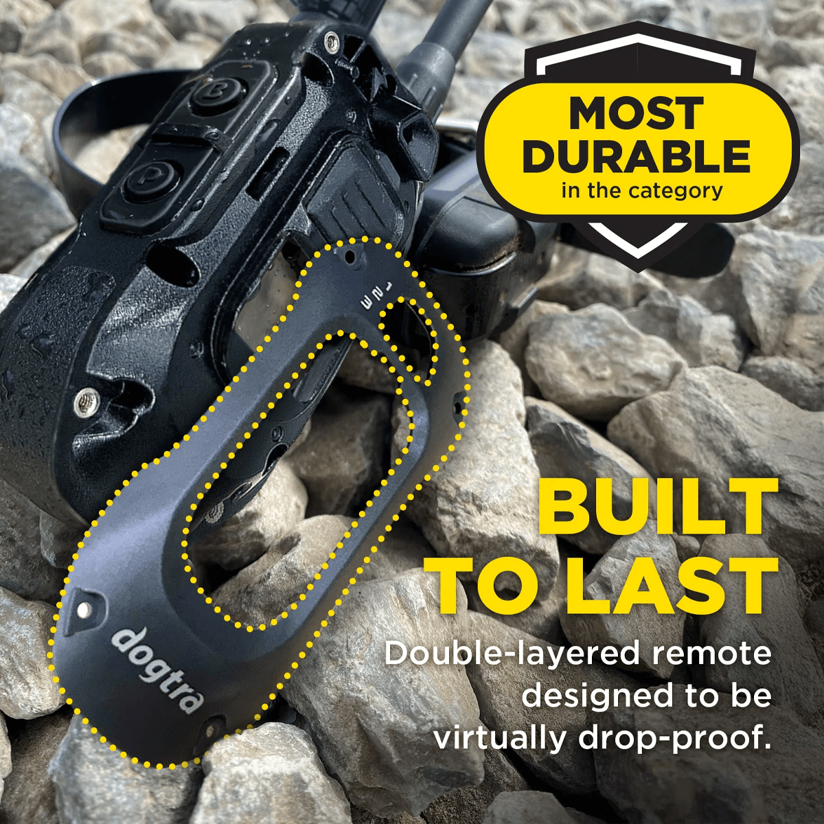 Dogtra remote trainer on rocks with durability text overlay
