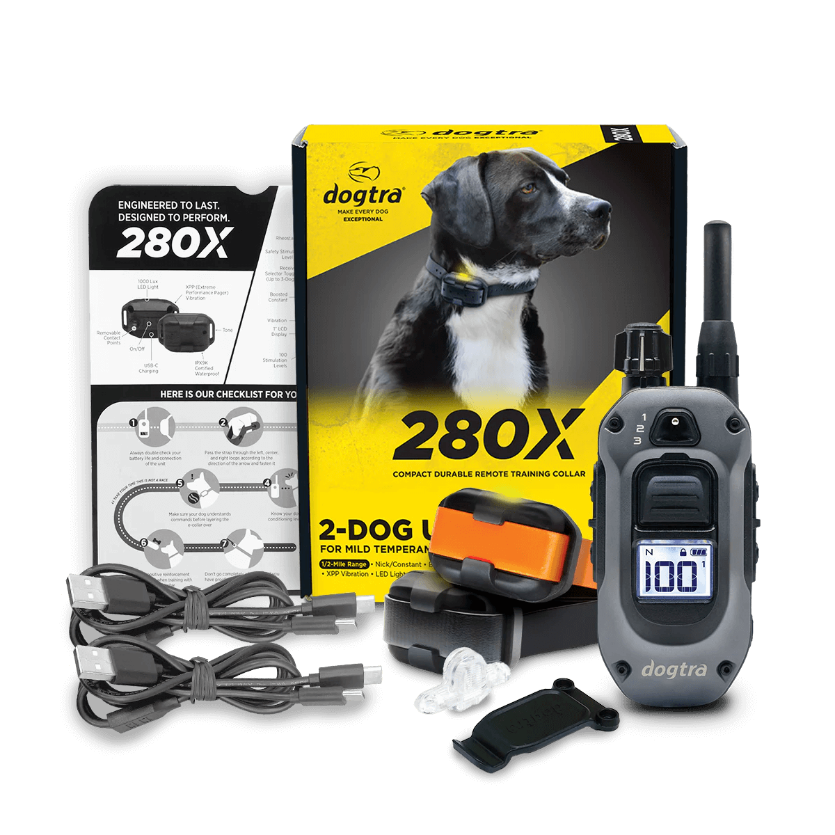 Dogtra 280X 2-dog remote training collar kit displayed with full contents. Includes product box featuring a black and white dog, remote transmitter with digital display, two color-coded receiver collars (orange and black), dual charging cables, test light tool, user manual, and quick-start guide. Designed for training mild temperament dogs.