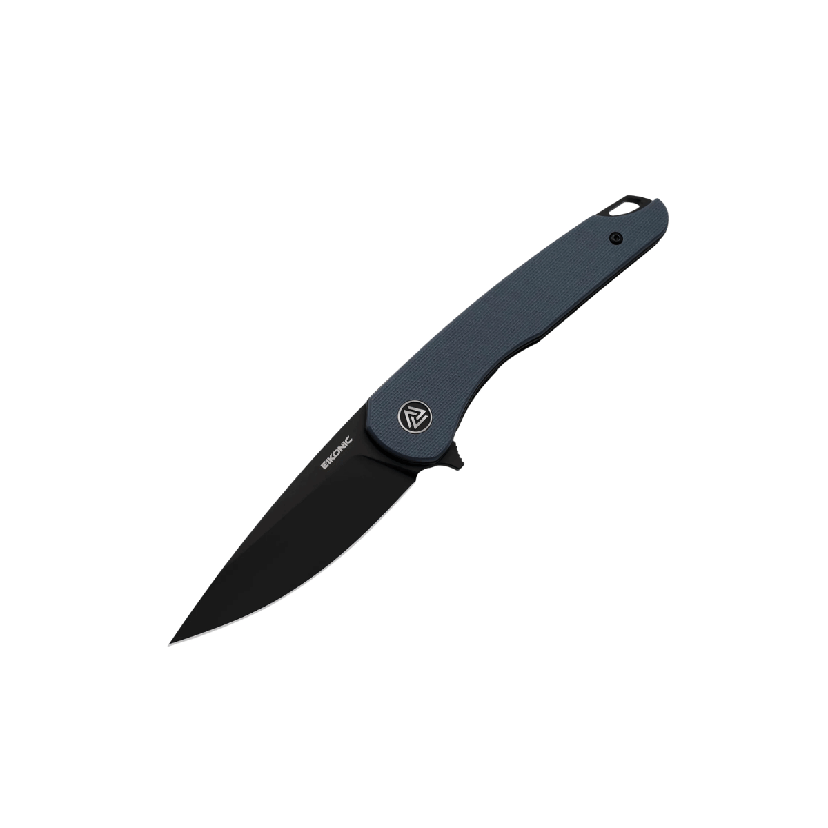EIKONIC KNIFE DROMAS FLIPPER, BLUEGREY, SIDE ANGLE, LOGO