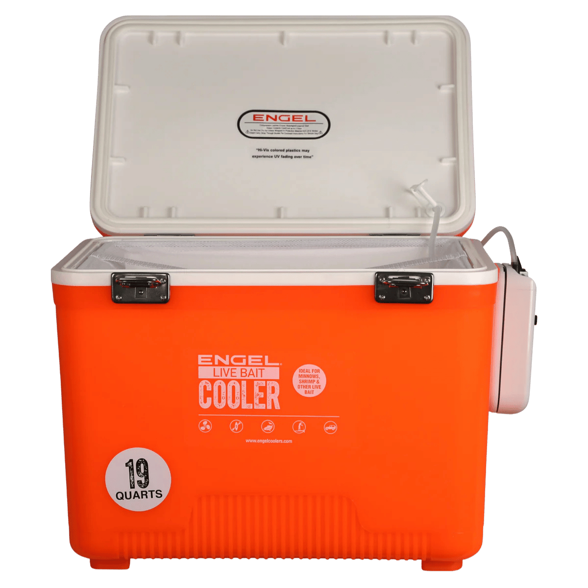 ENGEL 19 QUARTS LIVE BAIT DRYBOX/COOLER - HI VIZ ORANGE_OPEN BOX