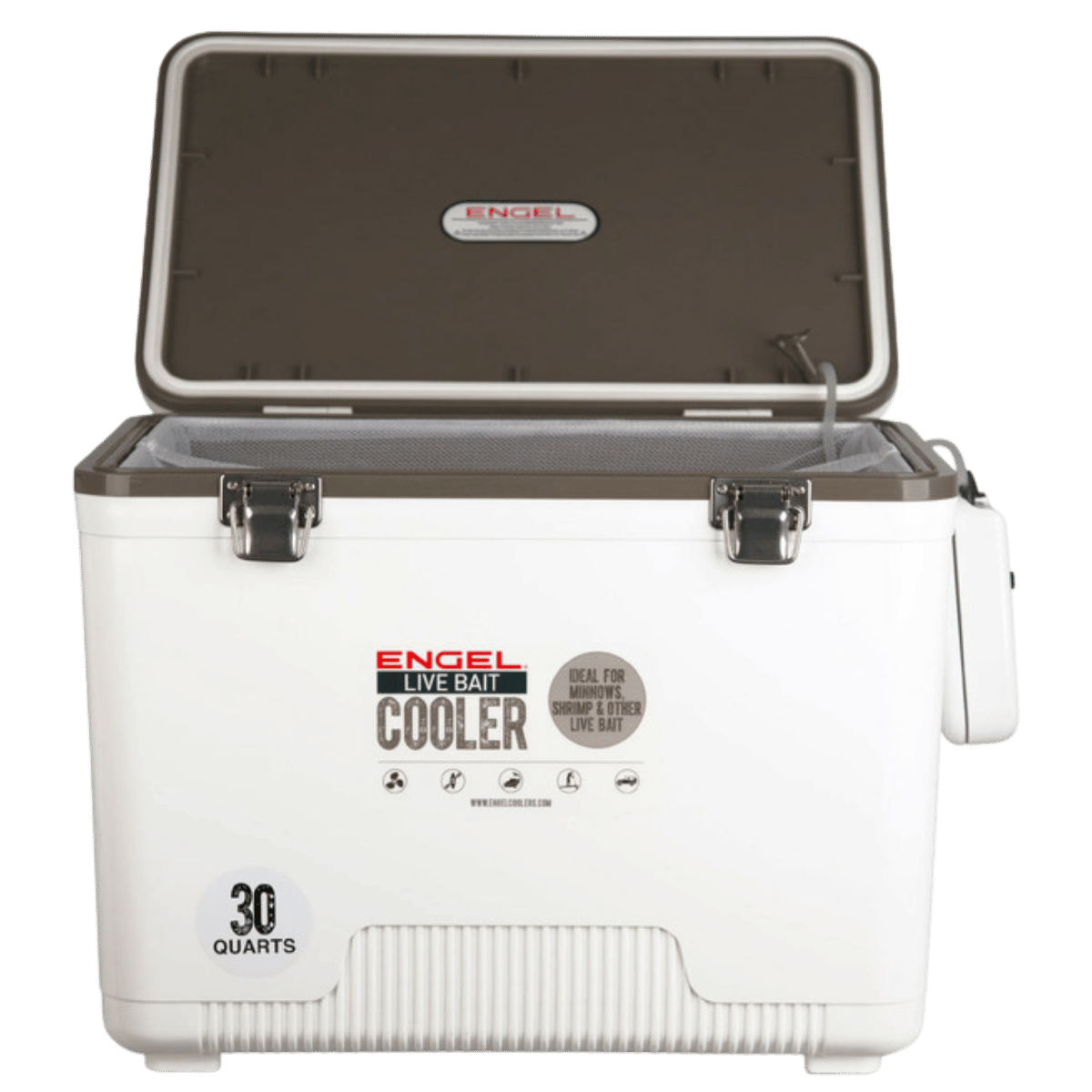 ENGEL 30 QUARTS LIVE BAIT COOLER W/NET AND AERATOR PUMP - WHITE_OPEN