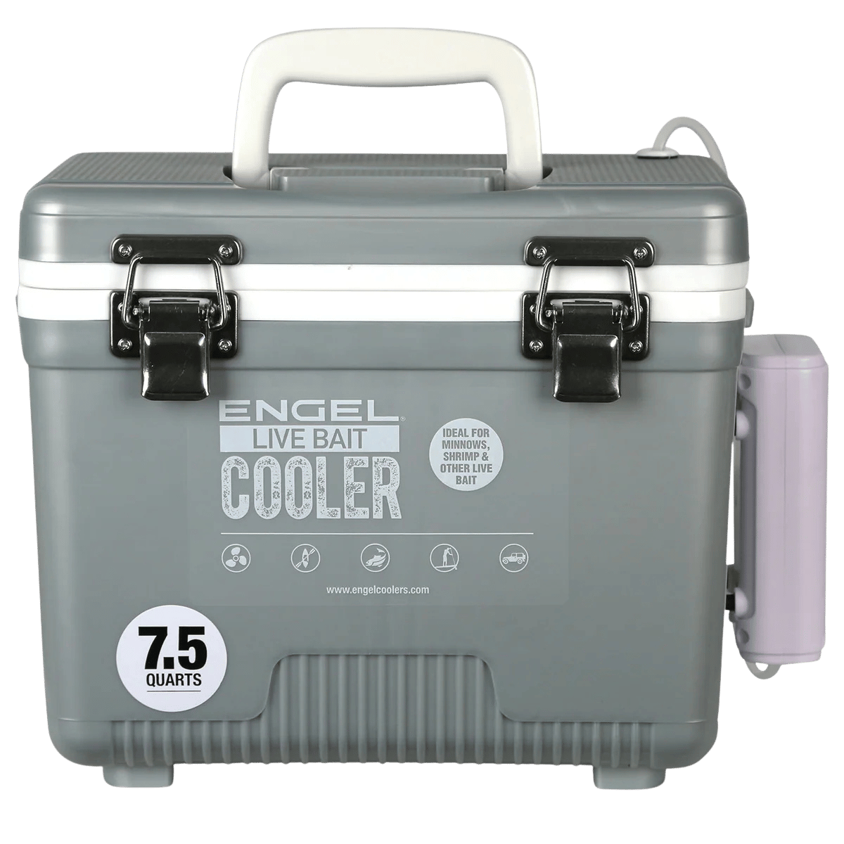 ENGEL 7.5 QUARTS LIVE BAIT PRO COOLER WITH AP3 RECHARGEABLE AERATOR AND STAINLESS HARDWARE - SILVER