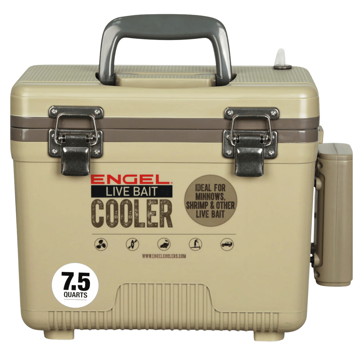 ENGEL 7.5 QUARTS LIVE BAIT PRO COOLER WITH AP3 RECHARGEABLE AERATOR AND STAINLESS HARDWARE - TAN