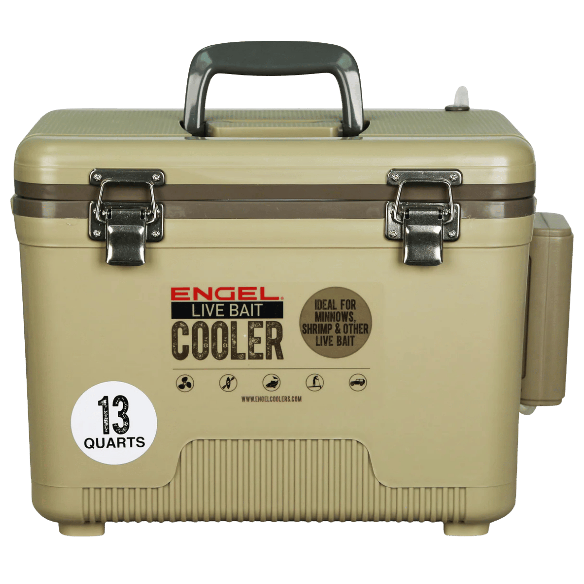 ENGEL 13 QUARTS LIVE BAIT PRO COOLER WITH AP3 RECHARGEABLE AERATOR AND STAINLESS HARDWARE - TAN