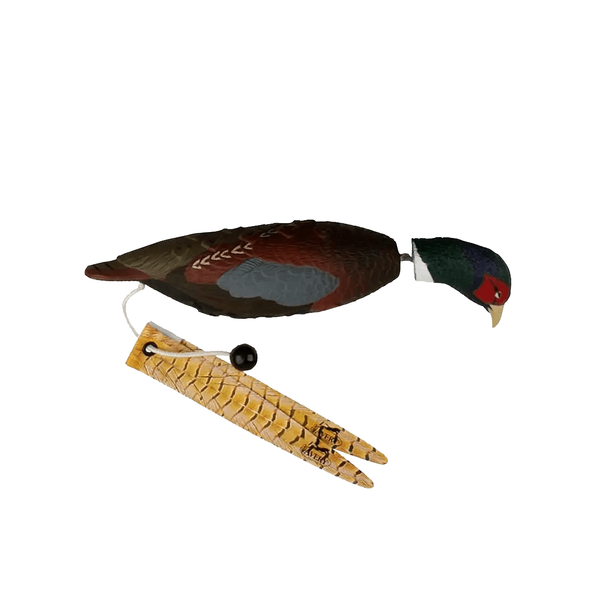 Avery EZ-Bird dog training dummy designed to resemble a pheasant, featuring realistic paint details, a floating body, and an attached rope with a LongThrow knob for extended throwing distance.