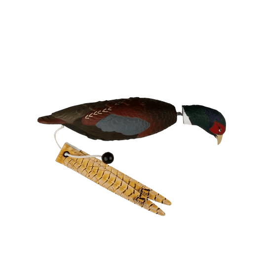 Avery EZ-Bird dog training dummy designed to resemble a pheasant, featuring realistic paint details, a floating body, and an attached rope with a LongThrow knob for extended throwing distance.