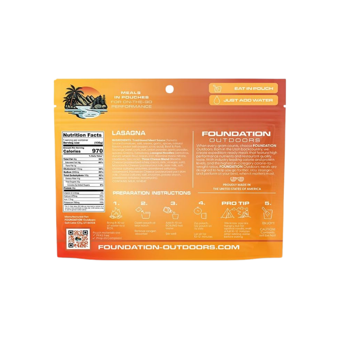 FOUNDATION OUTDOORS LASAGNA MEAL INGREDIENTS